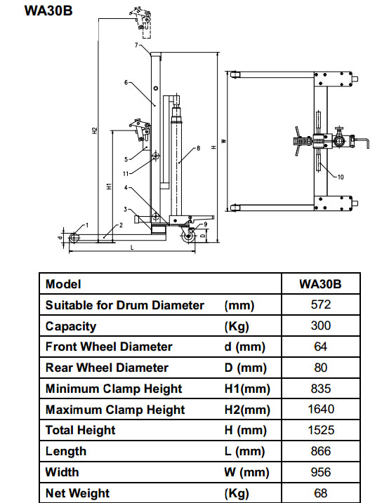 Raptor Hydraulic Drum Lifter WA30B drawn diagram with specs