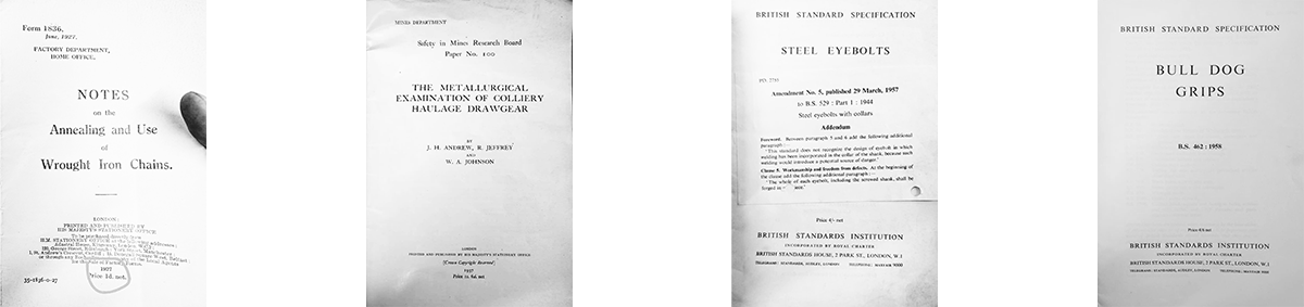 Collection of historical British standards and safety documents on lifting equipment, chains, eye bolts, and haulage gear from Dale’s archives