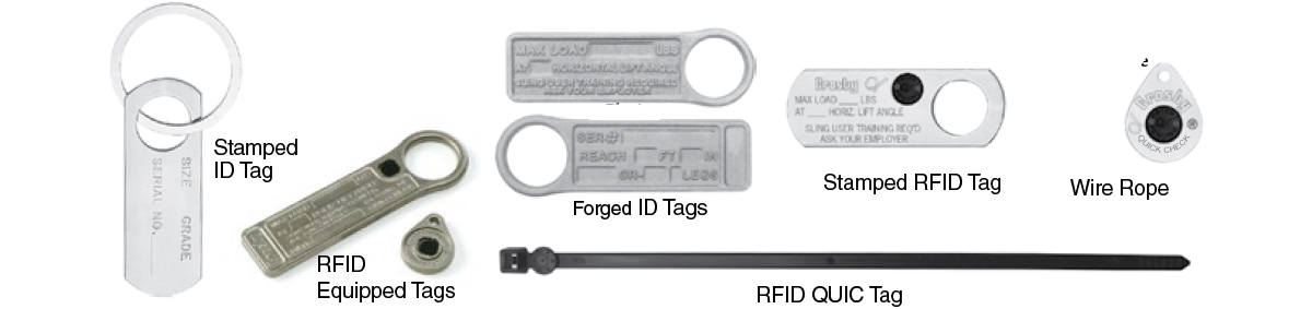 Crosby lifting equipment and manual handling ID certification tags for safety compliance and inspection tracking.