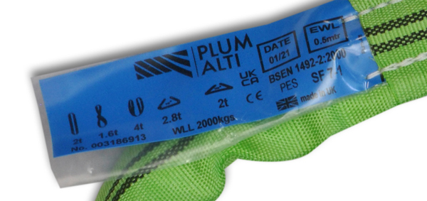 Plumalti lifting sling ID certification label for equipment safety compliance and inspection tracking.